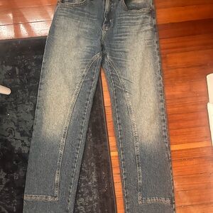 Free People Double Kneed Blue Straight Jeans with Vintage-Inspired Fading